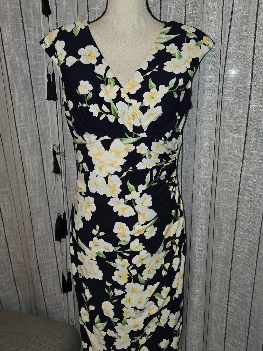 Ralph Lauren Navy Floral V-Neck Midi Dress